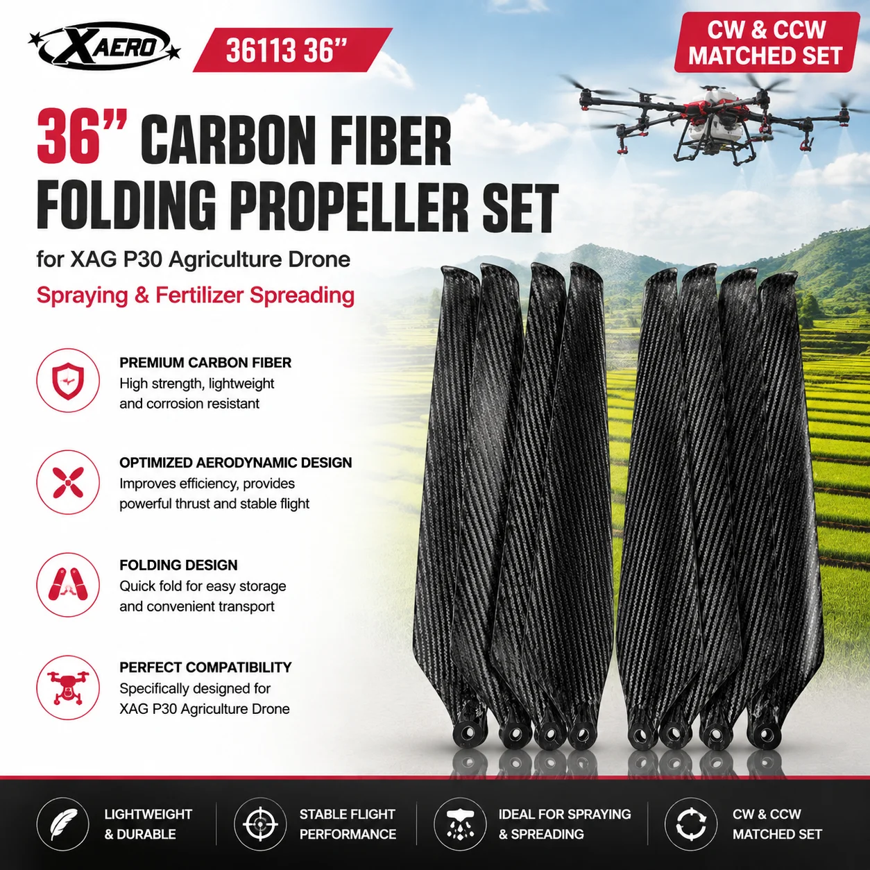 XAERO 36113 36 Zoll Carbonfaser-Faltpropeller für XAG P30, CW CCW Sprüh- und Düngerstreublatt