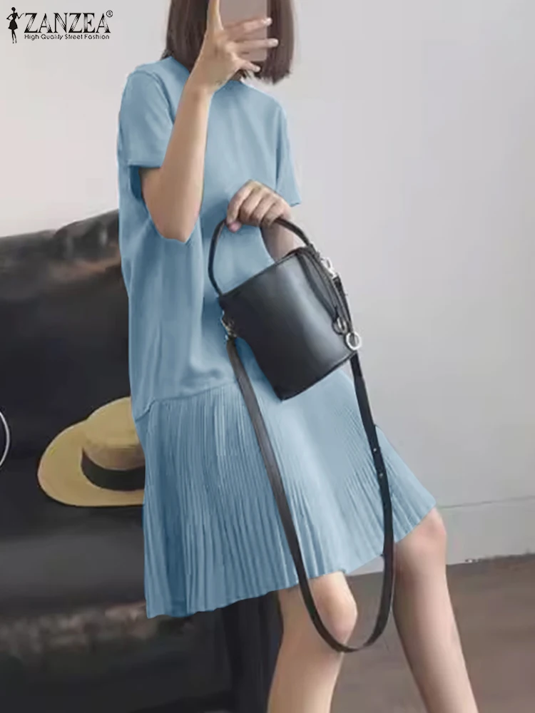 ZANZEA Casual Solid Pleated Dress Women Summer Short Sleeve Knee Length Robe 2024 Korean Loose Simple Patchwork Vestido Oversize 2