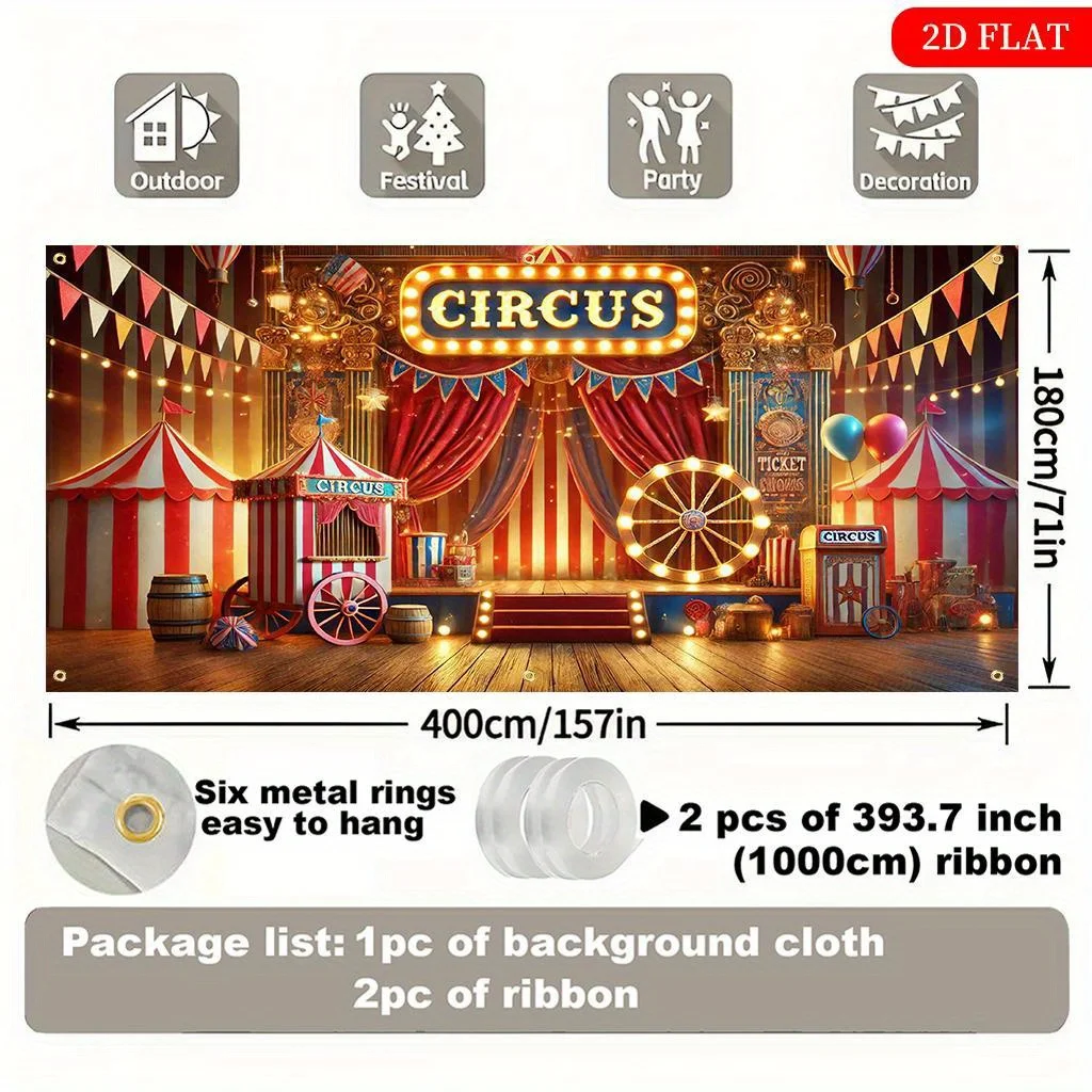 2D flach, 1 Stück Zirkusbühnenhintergrund – 7 Polyester-Partydekorationen, lebendiges Zirkusthema – Detail 2