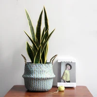Boho Decor Striped Wicker Storage Baskets Handmade Collapsible Laundry Basket Patchwork Seaweed Flower Belly Garden Flower Pot 2