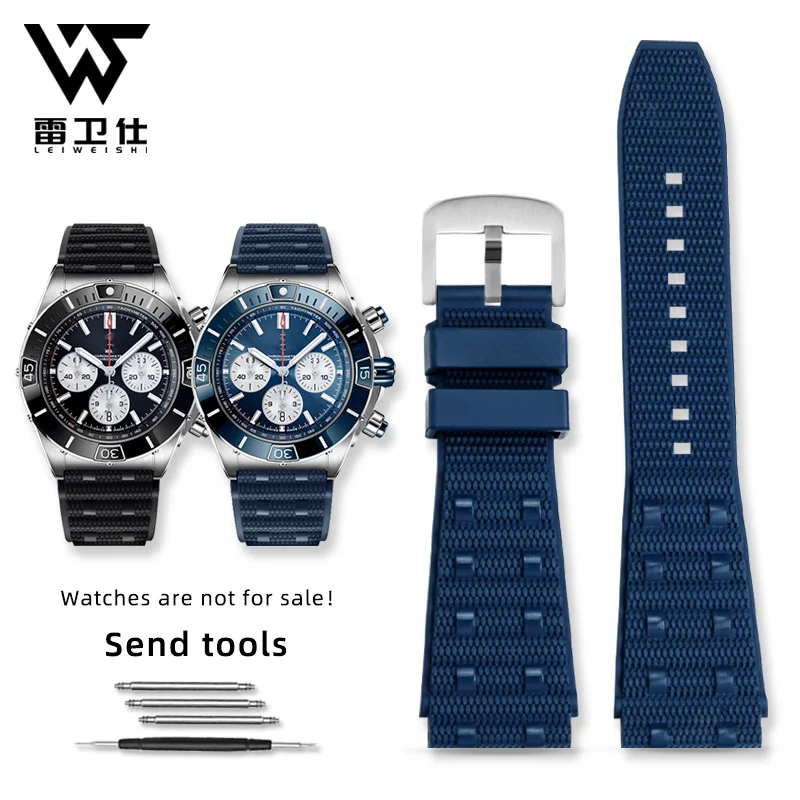Premium Rubber Watch Strap - Durable Fluororubber in Black & Blue, 22mm/24mm