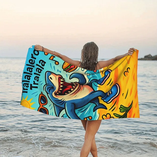 Interesting Tropical Cartoon Shark Tralalero Tralala Printed Beach Towel, Anti Sand Super Absorbent Quick Drying Towel 3
