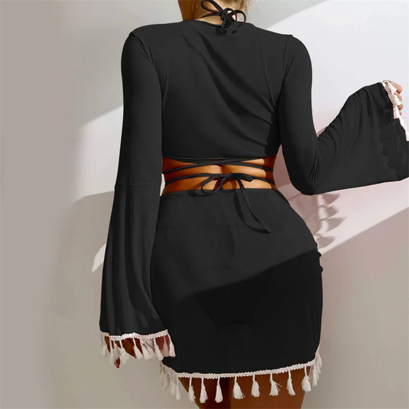 4 Piece Lace Up Triangle Halter Bikini Swimsuit Cover Up Top With Skirt Sexy Swimwear Women 2023 Bathing Swimming Suit Female