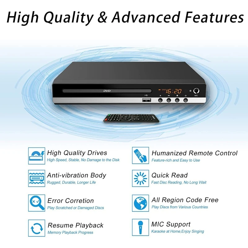 DVD Player 1080P Home DVD Player Box For TV DVD229 HD CD-Discs AV-Output Built-in MIC-port