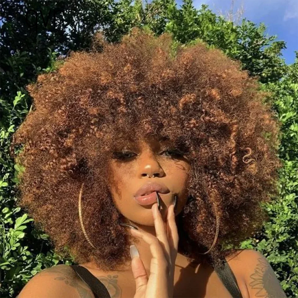 QVR Short Afro Kinky Curly Wigs With Bangs For Women Fluffy Short Afro Curly Wigs Human Hair Wig 180% Density Full Machine Hair human hair wigs