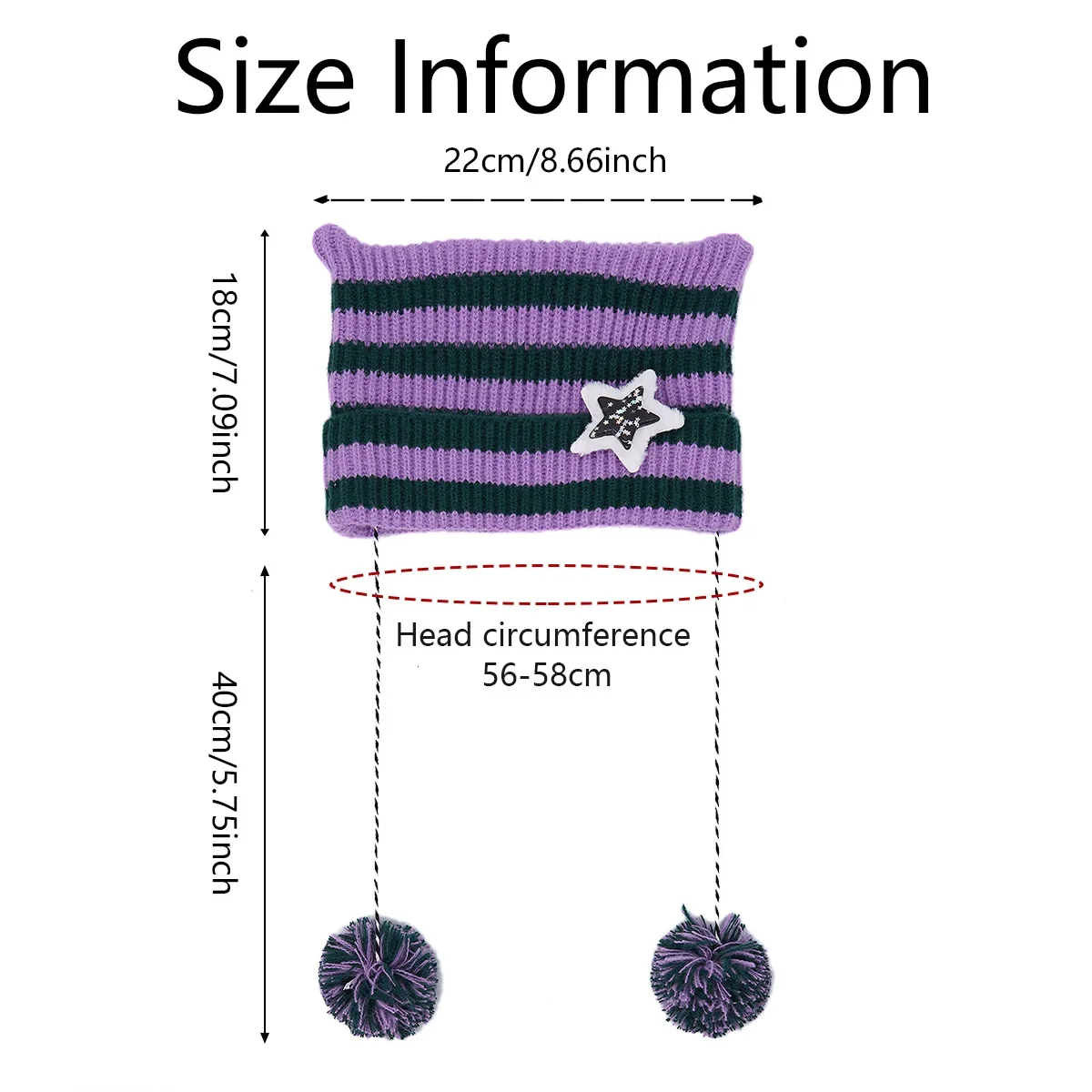 Y2K Japan Designer Handmade Pentagram Wool Beanie Hat Ladies Autumn Spring Warm Cat Ear Knit Stripe Beanie Cap with Pompom 3