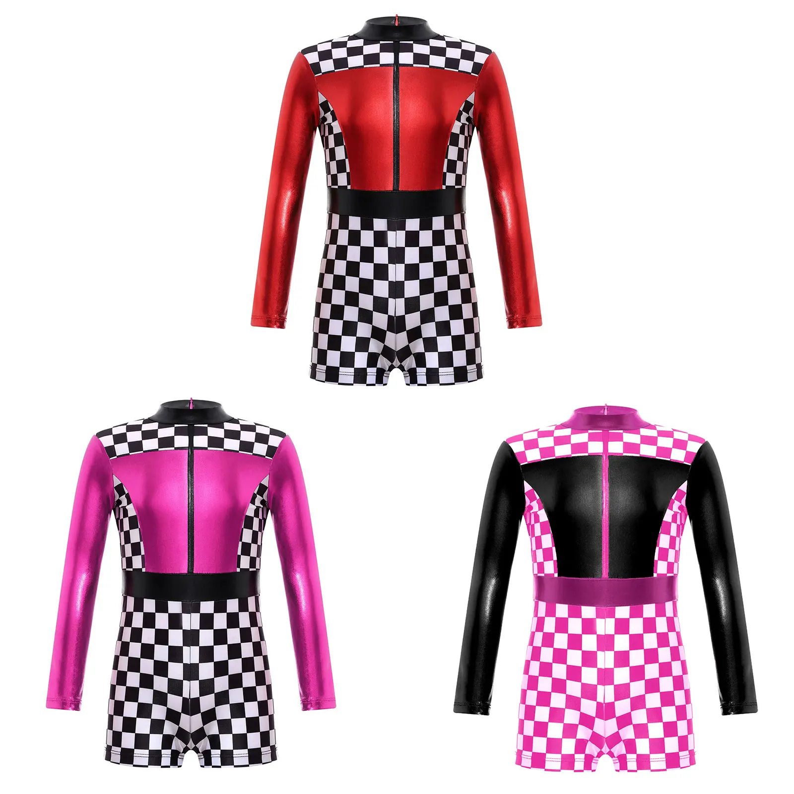 

Kids Girls Jumpsuit Race Car Racer Costume Long Sleeve Checkerboard Color Block Short Bodysuit Romper Halloween Cosplay Costume