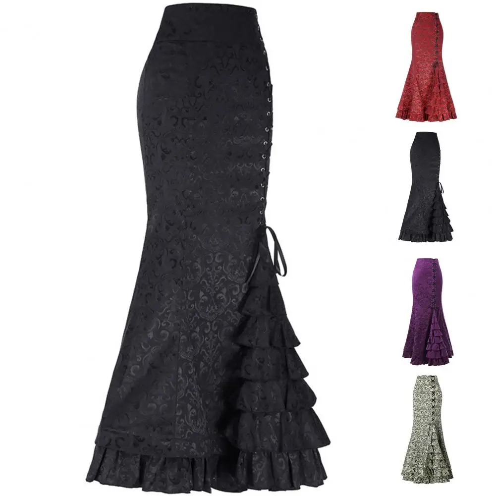 Large Hem Jacquard Fishtail Women Skirt Vintage Punk Style Ruffles