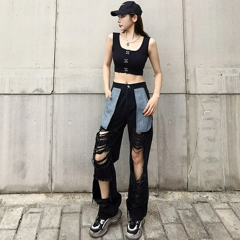 Trousers Fashion Spring and Autumn High-waist Stretch Raw Edge Frayed Hole Pockets Outturned Casual Wide-leg Jeans Loose Women's spring korean version of the new color blocking embroidery raw edge ripped cropped trousers mother jeans boyfriend jeans