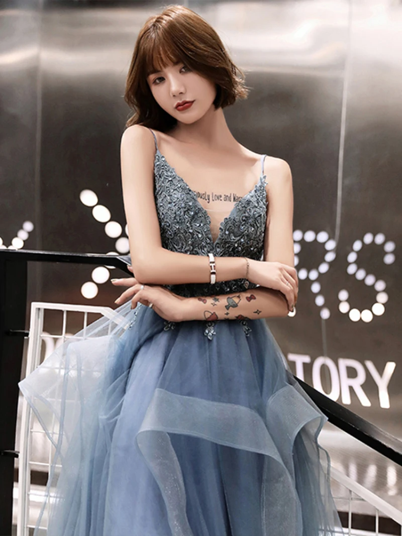 U426 New Sexy Black Grey Blue Long Evening Prom Dresses Banquet Party Ball Prom Dresses Woman Formal Gown Tiered Party Dress