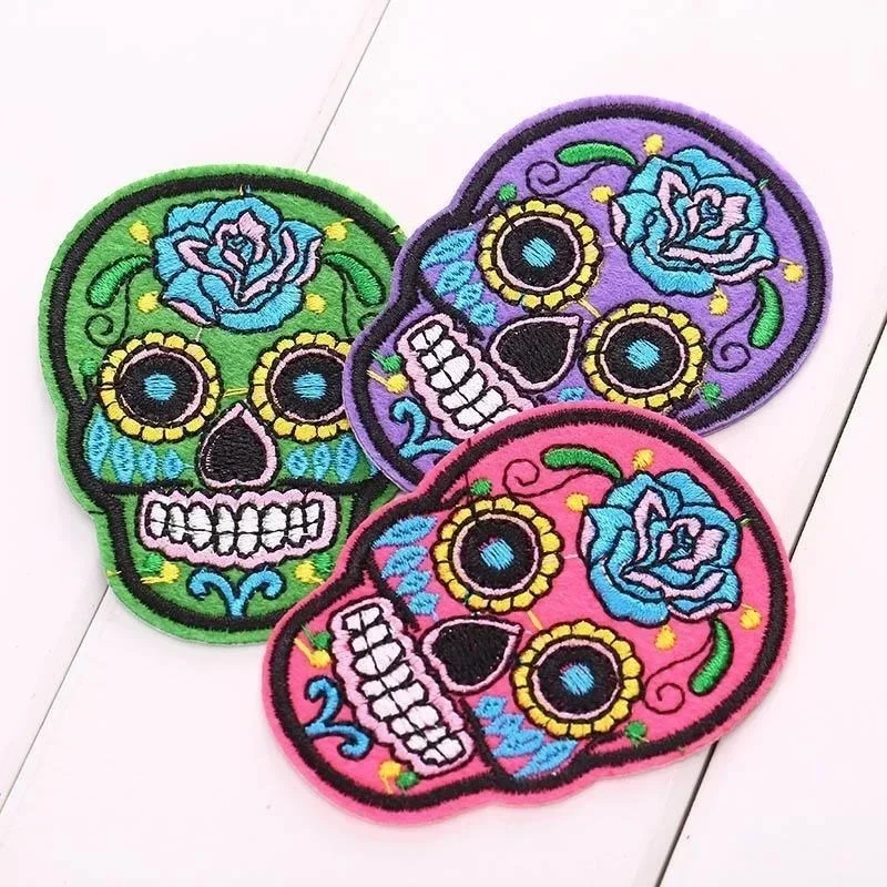 9pcs/set DIY Multicolor Skull Clothing Patches Fashion Jeans Embroidery Cloth Badges Random Colors