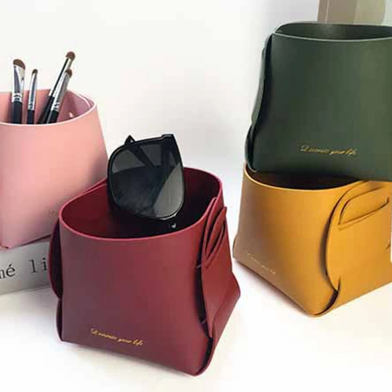 Folding Desktop Leather Storage Box Nordic PU Storage Tray Porch Key Control Sundry Basket Pen Holder Makeup Organizer