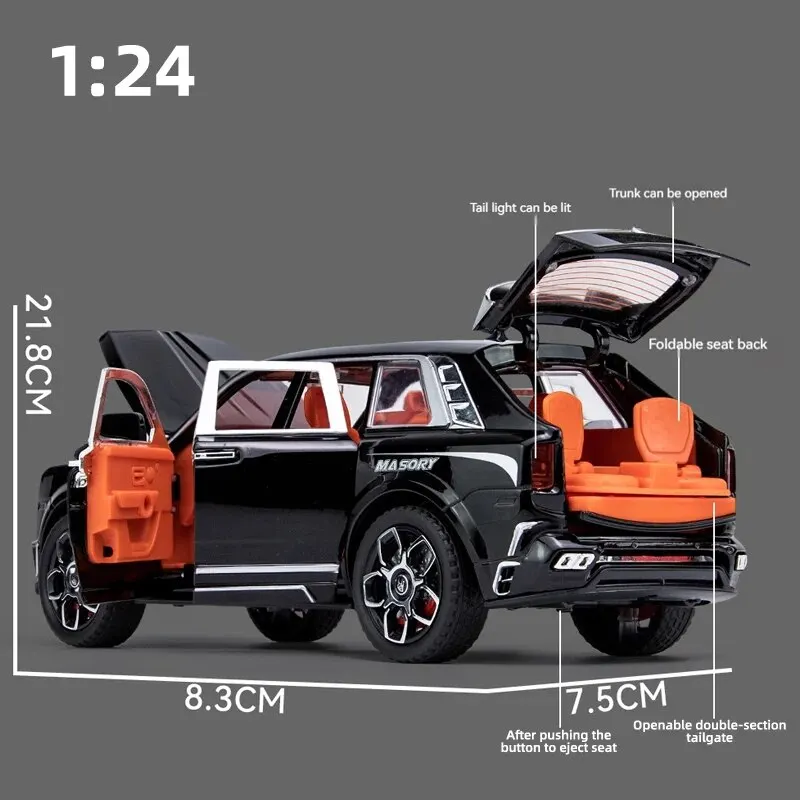 RRCullinan SUV 모델 자동차 장난감, 아연 합금 풀백 다이캐스트 장난감 자동차, 소리와 빛이 나는 어린이 보, 1:24 체중계