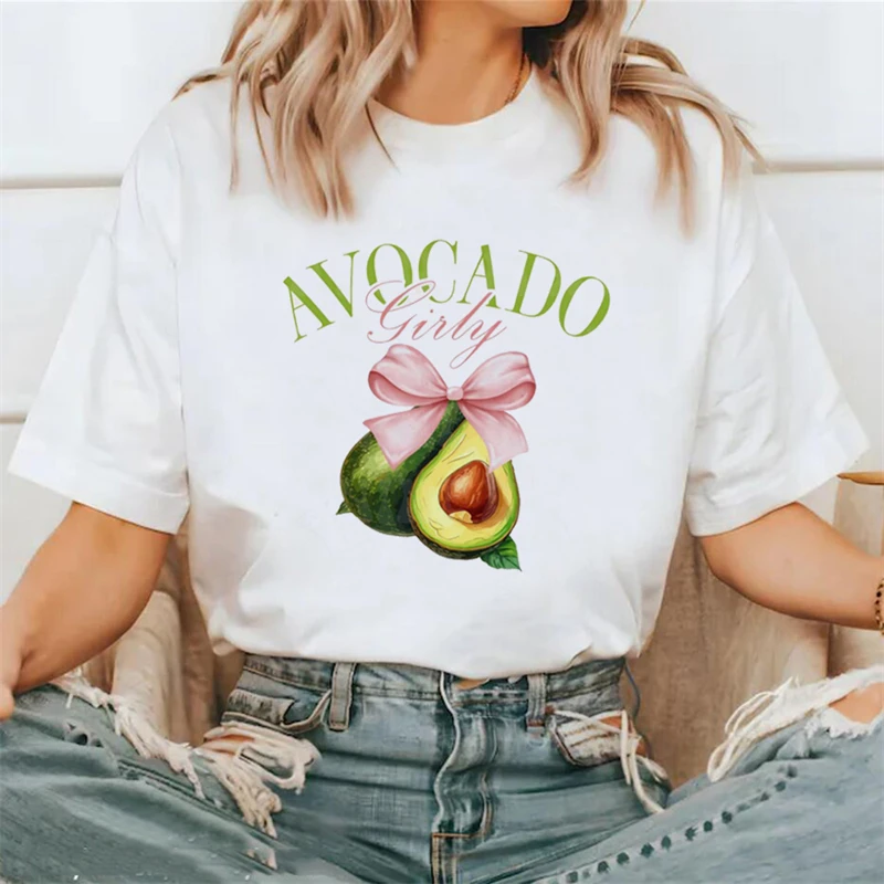 

Women's Avocado Girl Holiday T-Shirt Cartoon Short Sleeve Sweet Summer Fashion Style Printed Cute Clothes Top O-Neck T-Shirt.