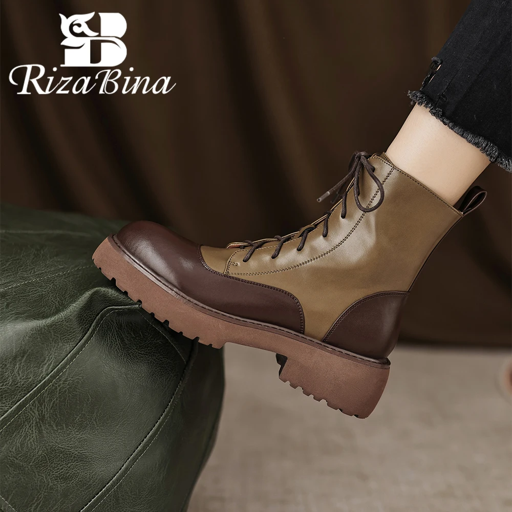 

RIZABINA Women Genuine Leather Ankle Boots Mixed Color Chunky Heel Lace Up Marton Boots Fashion Winter Non-slip Chelsea Boots