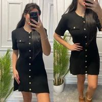 White Elegant Knitted Mini Dress For Women Metal Button Sexy Slim Rib Sweater Dress Holiday Party Outfits Autumn 2024 New - Image 4