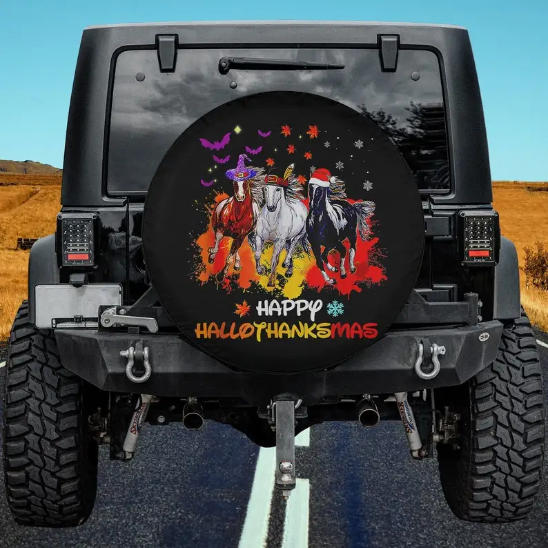 

Thanksgiving Christmas Happy Hallothanksmas Horse Halloween Spare Tire Cover Thickening Universal Fit for Jeep, Trailer, RV, SUV