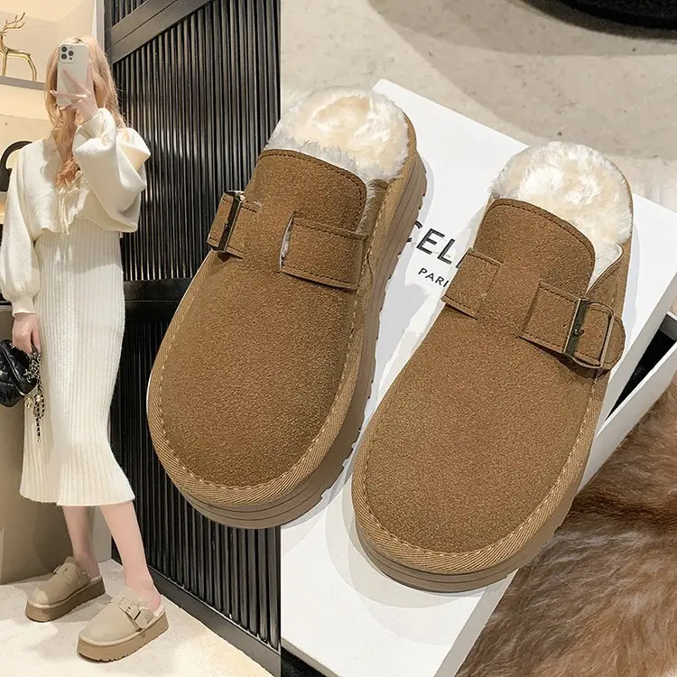Baotou plush slippers for women wearing new winter comfortable and casual home thickened mid heel thick soled snow boots
