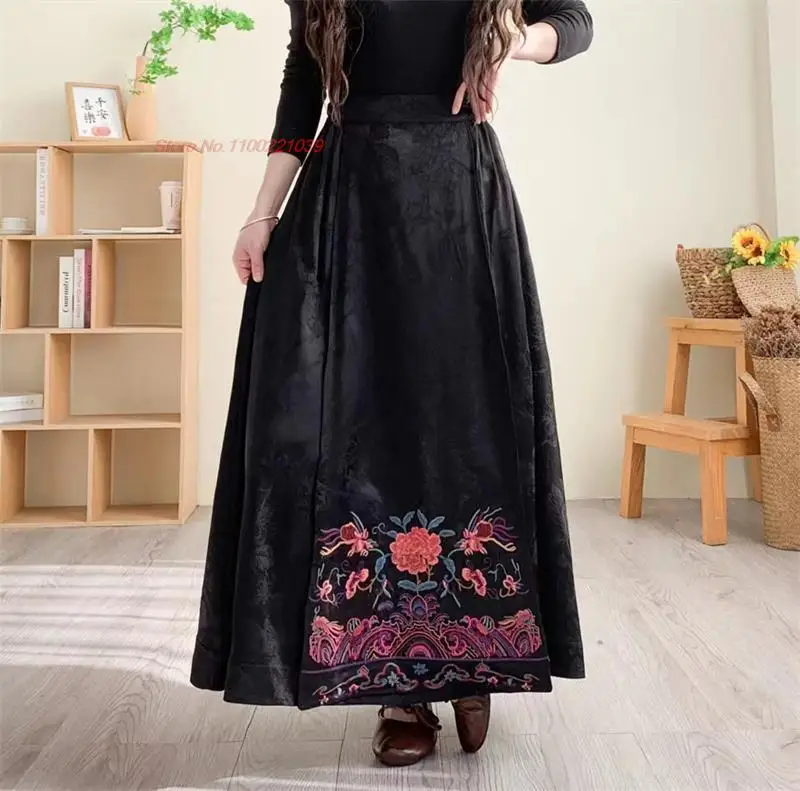 

2024 chinese vintage skirt national flower embroidered satin jacquard skirt oriental traditional folk a-line improved skirt