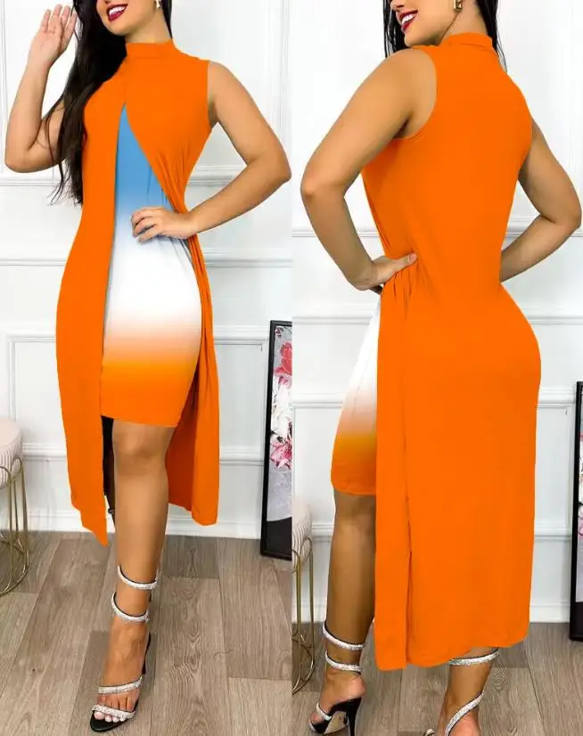 

Dresses for Women 2023 Summer Fashion Ombre Patchwork Slit Asymmetrical Mock Neck Sleeveless Casual Elegant Dress New In Clothes