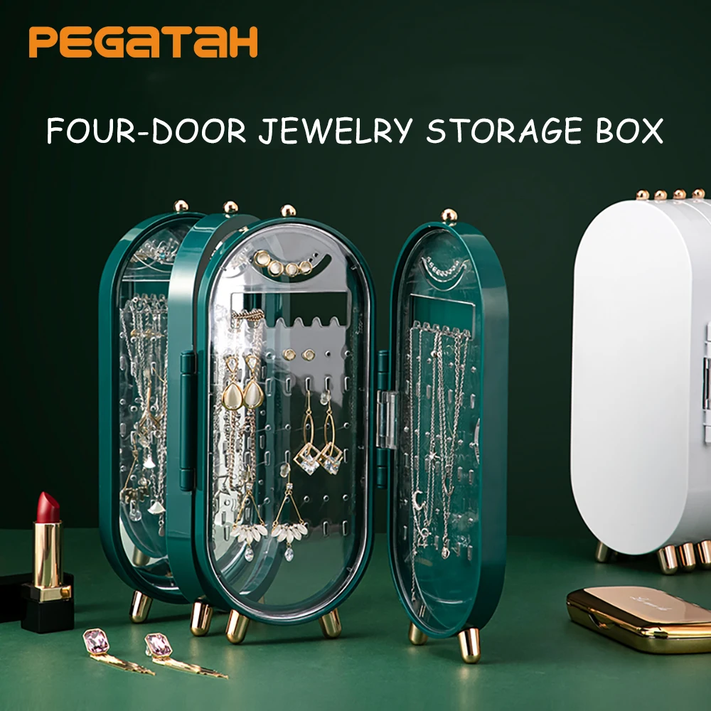 

Vertical Jewelry Storage Box Foldable 4 Fans Panels Earrings Necklace Display Stand Luxury Retro Screen Jewelry Organizer Case
