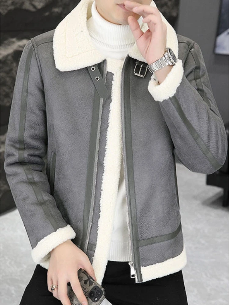 2023 Winter Fur Leather Jacket Men Lapel Motorcycle Jacket Plus Velvet Padded Warm Casual Streetwear Social Coat Men Clothing