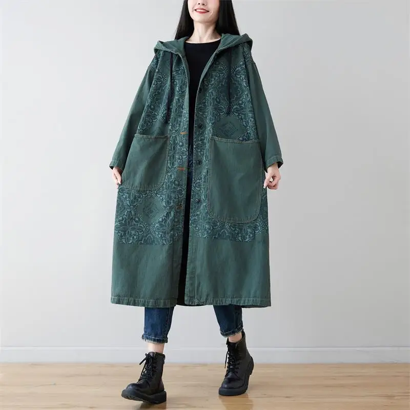

2023 Autumn Korean Fashion Long Clothing Womens Loose Printed Hooded Trench Coats Ladies Harajuku Casual Windbreakers Pockets