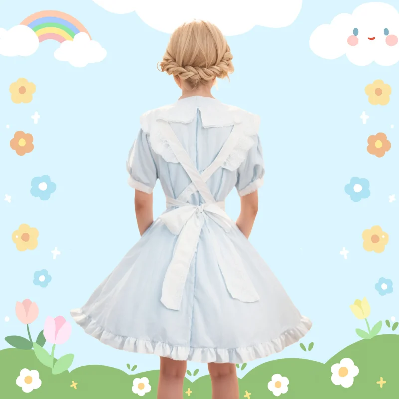 Sky Blue Hollow Love Heart Maid Suit Kawaii Lolita Dress Restaurant Waitress Uniform Halloween Anime Cosplay Classical CuteStyle