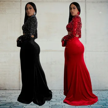 European and American fashion women's clothing sequins sexy long-sleeved split-ended long dress two-piece set