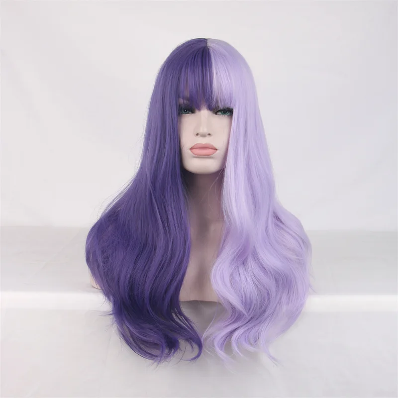 

Chemical fiber high-temperature silk gradient women's long curly hair color blocking wig center split full head cover