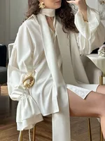 Bonboho Women's Elegant Blouse Solid White Buttoned Satin Shirts Lapel Collar Long Puff Sleeves Loose Fit T-shirt with Scarf - Image 3