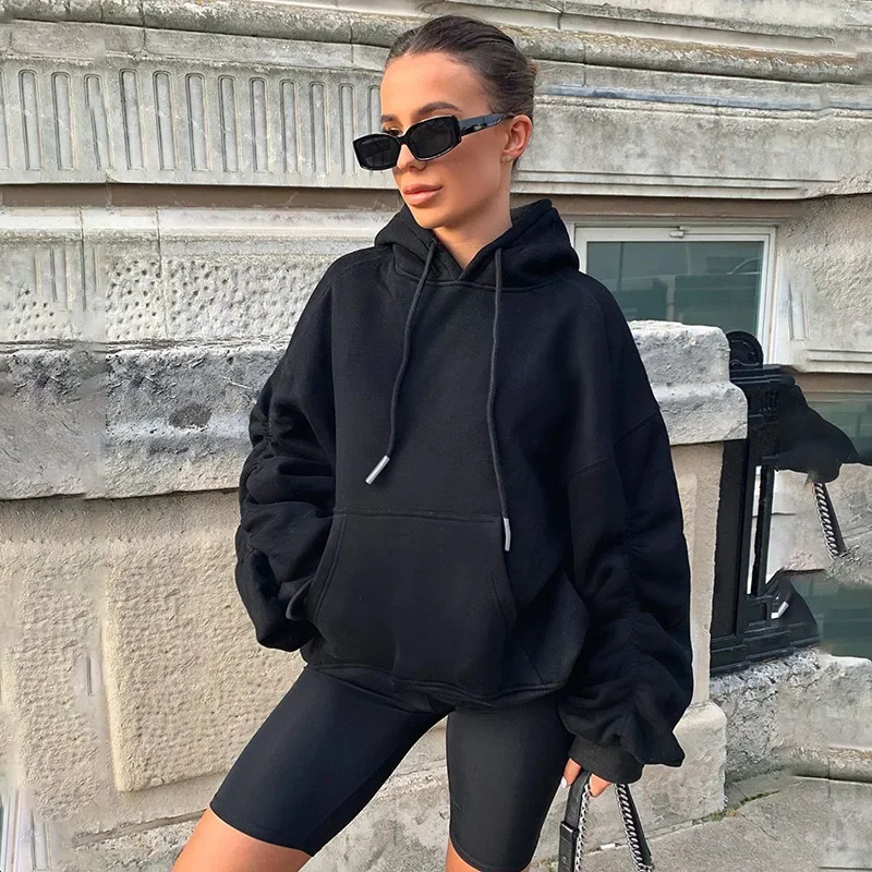 Ruched Hoodies Women Casual Oversized Sweatshirt Long Baloon Sleeve 2024 Winter Autumn Sweat Hooded Top with Pocket Sports Tops