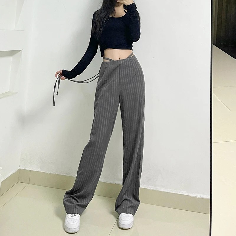 Vintage Stripe Cargo Pants Cross Tie Up Joggers Women Baggy Trousers Women 2024 Fashion y2k Capris Pants 90s Streetwear Pantalon