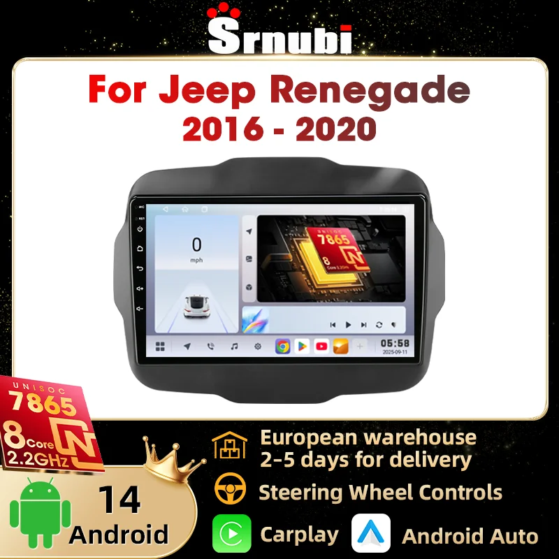 Srnubi Reproductor multimedia inalámbrico Carplay Android Auto con navegación GPS, radio para coche para Jeep Renegade 2016 - 2020, unidad principal estéreo de 9 pulgadas con 2 Din, UIS7865 DSP de 8 núcleos compatible con SWC, accesorios 1