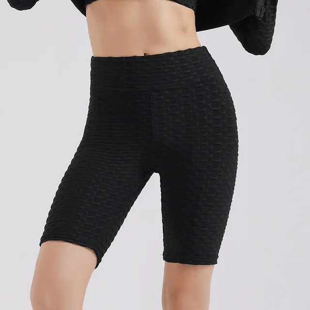 Tight yoga shorts women's high waist hip lift workout shorts bubble jacquard shorts women's pants Black