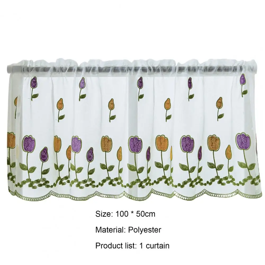 100*50cm Short Curtain 1 Sheet  Polyester Window Sheer Perforated Flower Embroidered Window Voile Curtain For Bay Window Kitchen 5