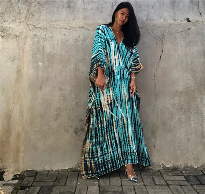 2023Summer Bohemian Striped Print Women Beach Dress Bathing Suit Cover Up Summer Tunic for Woman Beachwear Robe De Plage Kaftan