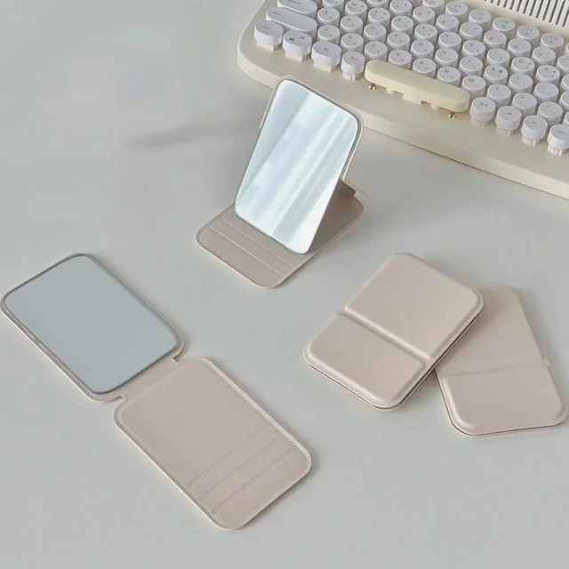 Miroir de maquillage de bureau en cuir PU, simple, portable, pliable, compact, mignon, pour étudiant 2