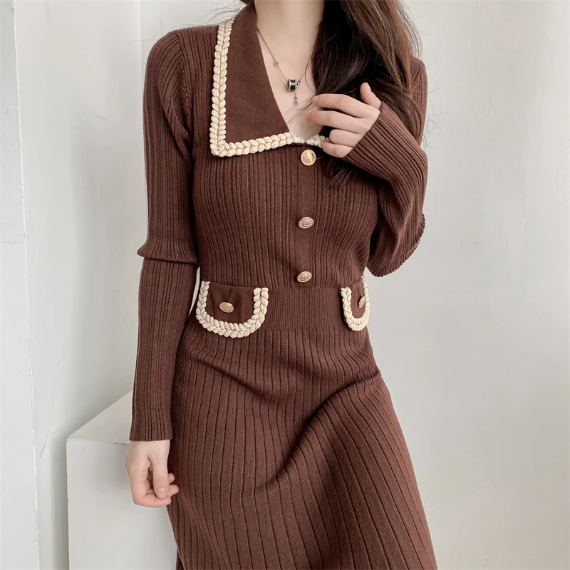 Vestidos de punto de otoño e invierno para mujer, cuello vuelto, moda coreana, corte en A, vestido liso informal, vestidos ajustados para mujer, nuevo