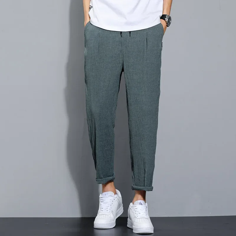 

Summer Cotton Linen Men's Trousers Fashion Casual Pants Solid Color Breathable Loose Shorts Straight Pants Streetwear D40