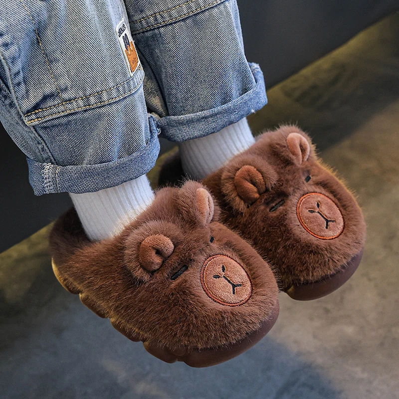 Capybara Cartoon Fluffy Slippers Children Indoor Soft Bottom Mother-Child Cotton Slippers Anti Slip Winter Warm Plush Slides 45