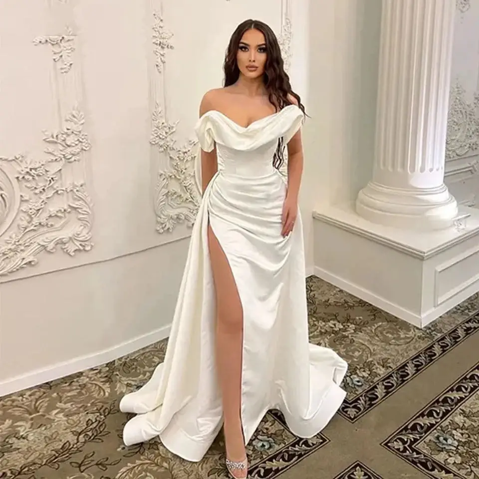 Elegant Satin Wedding Dresses 2024 For Bride Ribbons Princess Backless Off Shoulder High Split Civil Bridal Gowns Custom Made