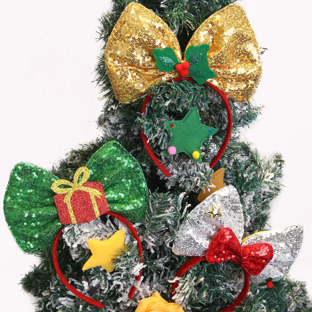 1PC Christmas Bow Headbands, Sequin Glitter Xmas Hair Hoops for Women Girls, Party Cosplay Christmas Decorations