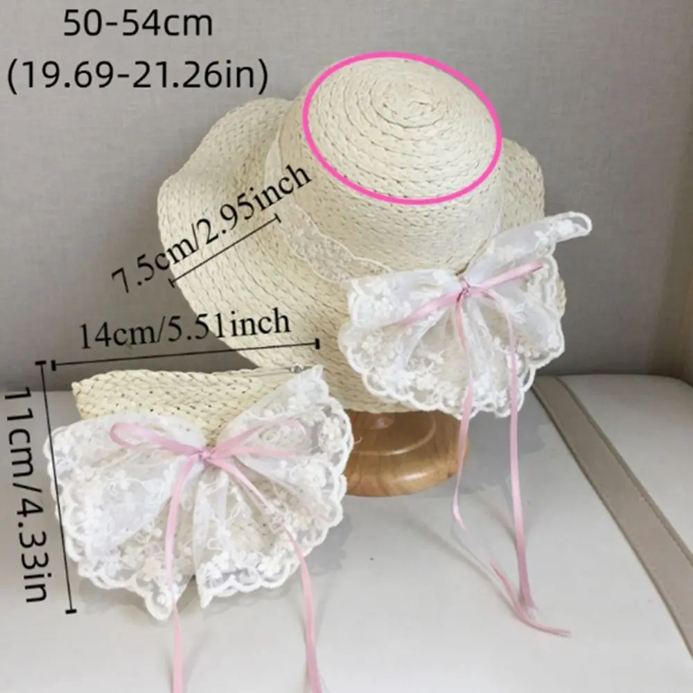 Soft Sweet Bowknot Straw Sun Hat Ribbon Lace Brim Girls Bucket Hat Korean Style Breathable Woven Handbag Girls