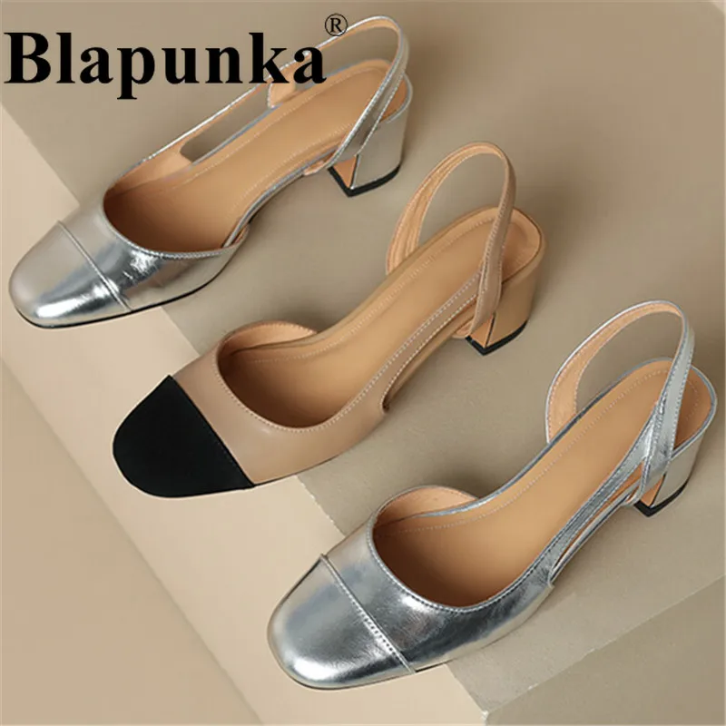 

Blapunka Genuine Leather Women Slingback Shoes Block Medium Heels Mix-color Designer Nude Sandal Silver Pumps Woman Office Shoes