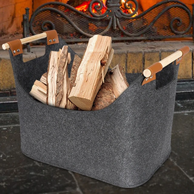 45 X 32 X 40 Cm 57 L Firewood Box Felt Basket with Wooden Handles Large  Capacity Foldable Wood Basket for Fireplace & Wood Stove