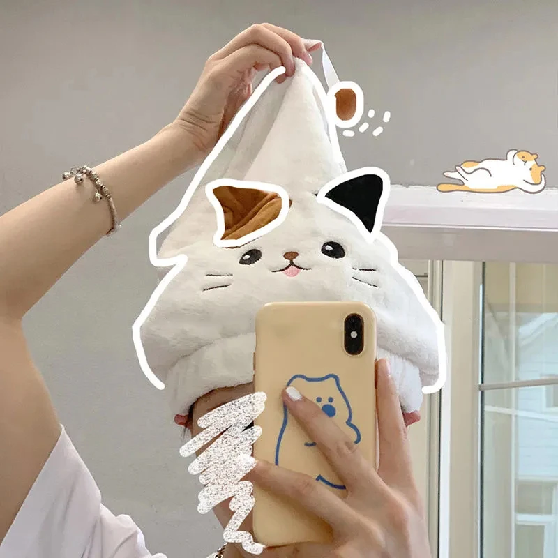 Cute Cat Kitten Kid Hair Turban Quick Dry Bath Hair Drying Towel Head Wrap Hat Cap Bathing Tool Cat Ears Pattern Hooded hair towel