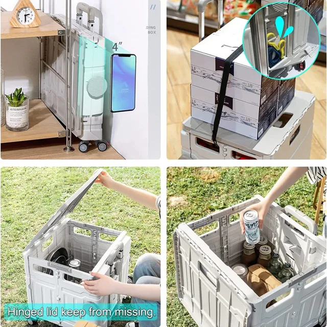 Hordozható Összecsukható Otthoni Használat Élelmiszerbolt Kosár 50L Kemping Piknik Kocsi Karton Karral 4 Kerekek Kis - Image 2