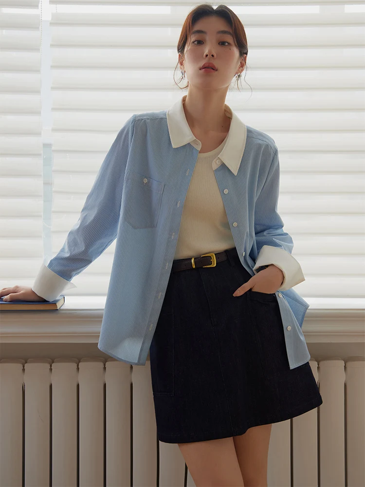 DUSHU 100% Cotton Women Blue Stripe Blouse Pocket Decoration Patchwork Polo Neck Front Shoulder Long Sleeve Shirt 24DS81192