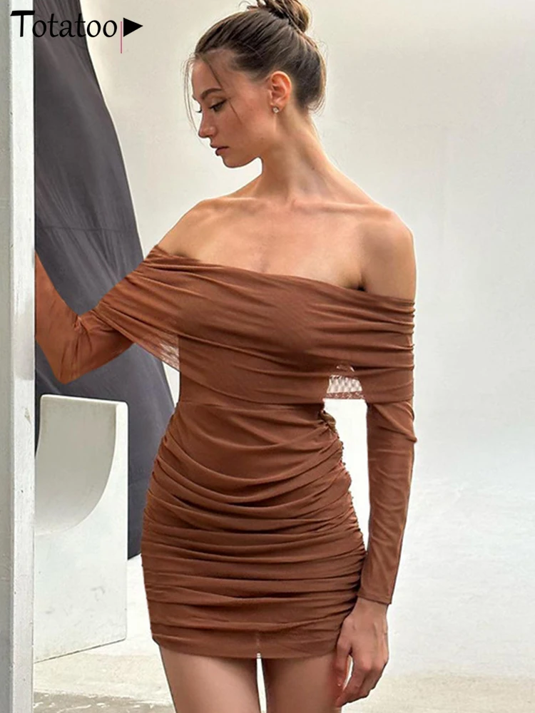 

Totatoop Elegant Off Shoulder Mesh Bodycon Dress For Women 2023 Autumn Winter Long Sleeve Ruched Dress Festival Vintage Robe